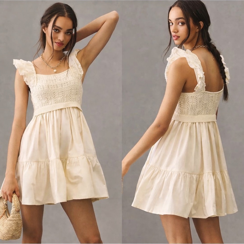 Anthropologie En Saison Crochet Ruffled Square Neck Cream Mini Dress Size M